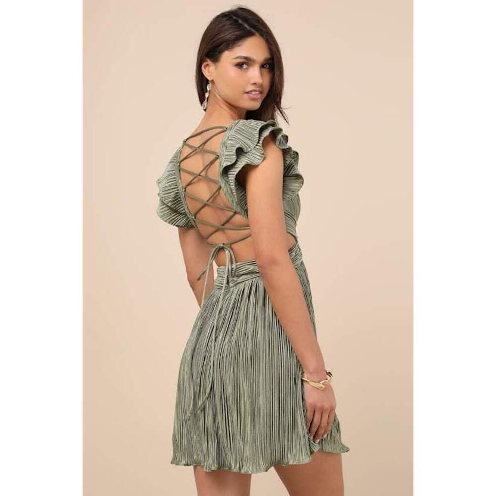Lulus Captivating Delight Sage Green Plisse Satin Lace-up Mini Dress - Size XS